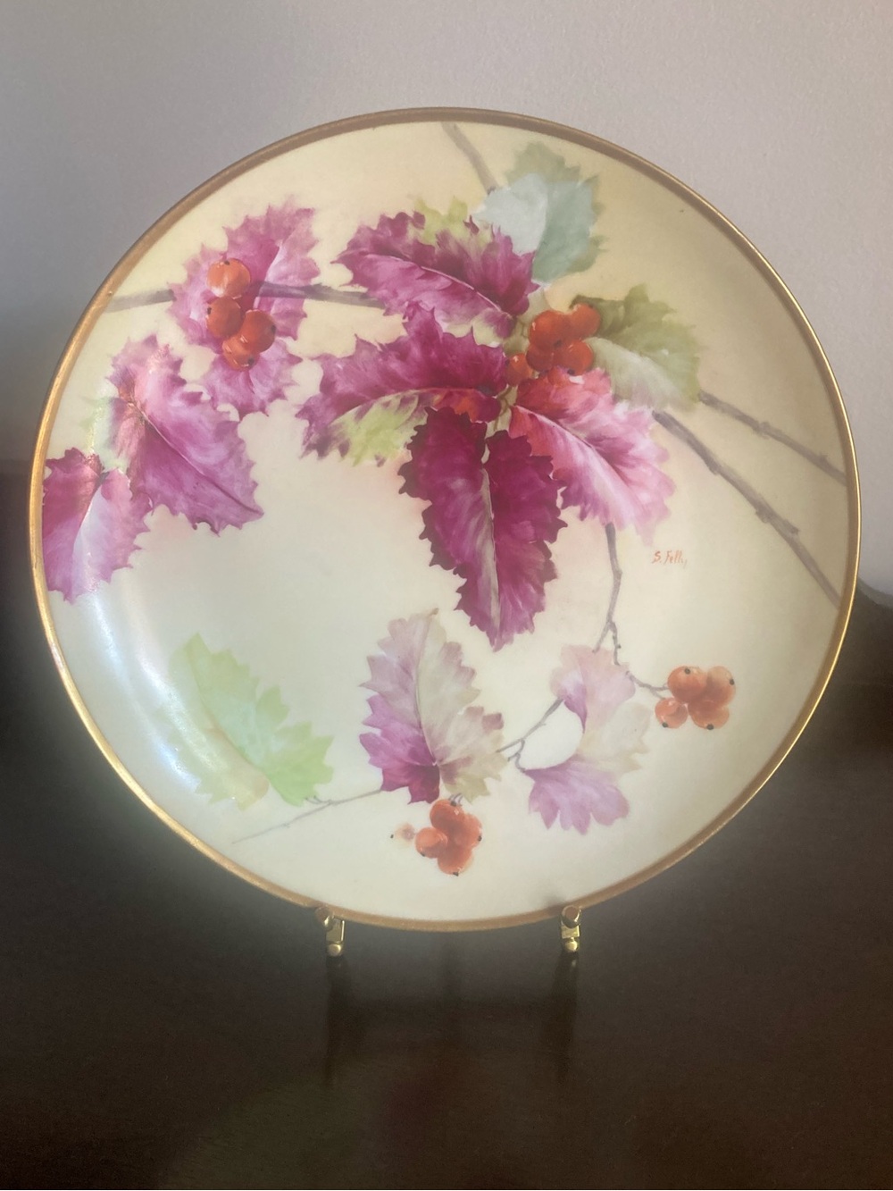 Vintage Ginori Italy Hand-Painted Leaves & Berries Decorative Plate Signed